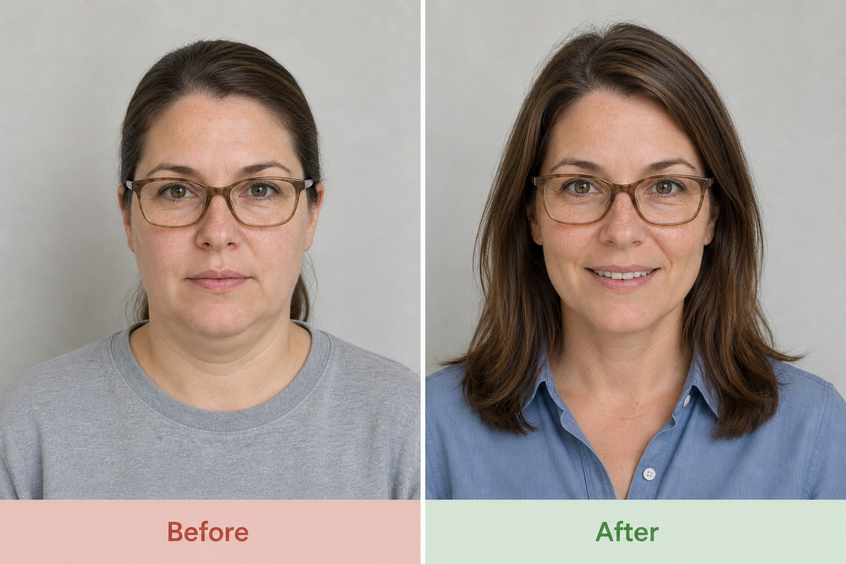 Rae before and after: a puffy face on the left, a more defined face on the right.