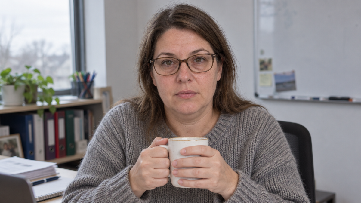 Rae at her office desk, tired and puffy, holding a mug.