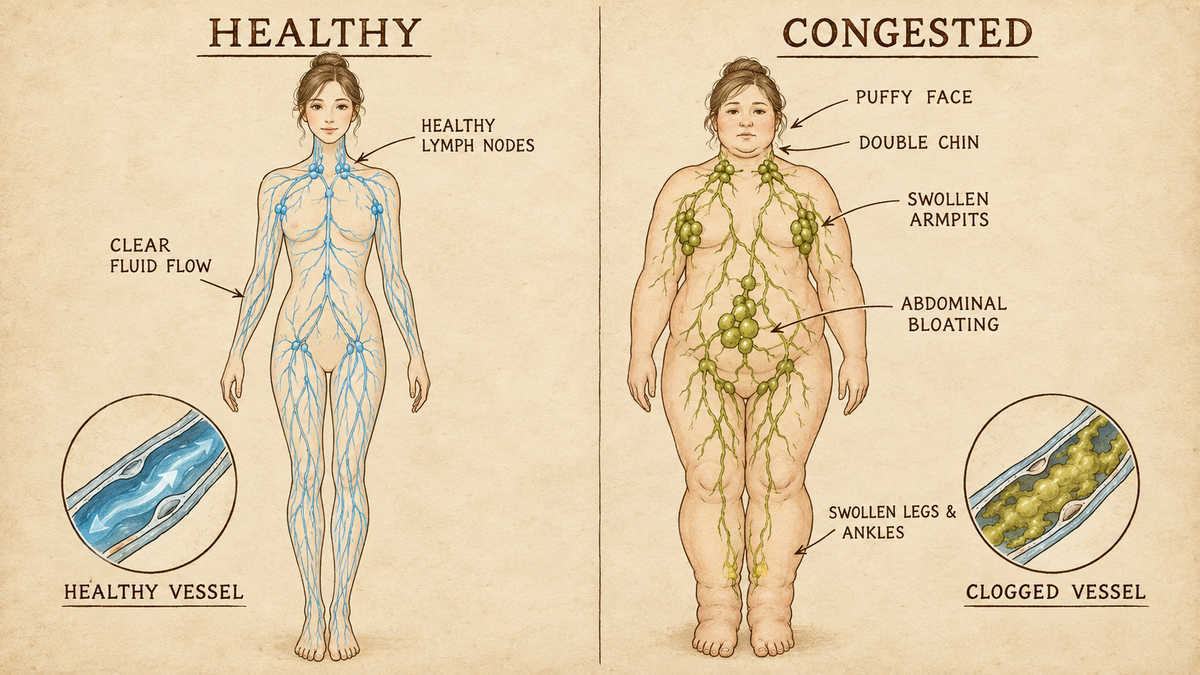 Illustration comparing a healthy lymphatic system with a congested one.