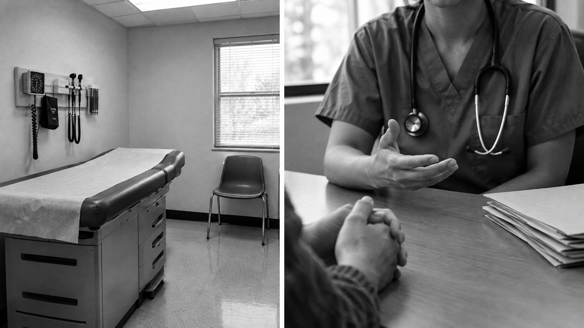 An empty exam room and a doctor talking across a desk.