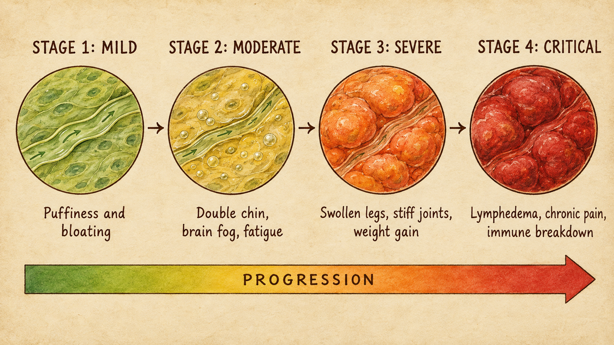 Illustration of lymphatic congestion progressing through four stages.