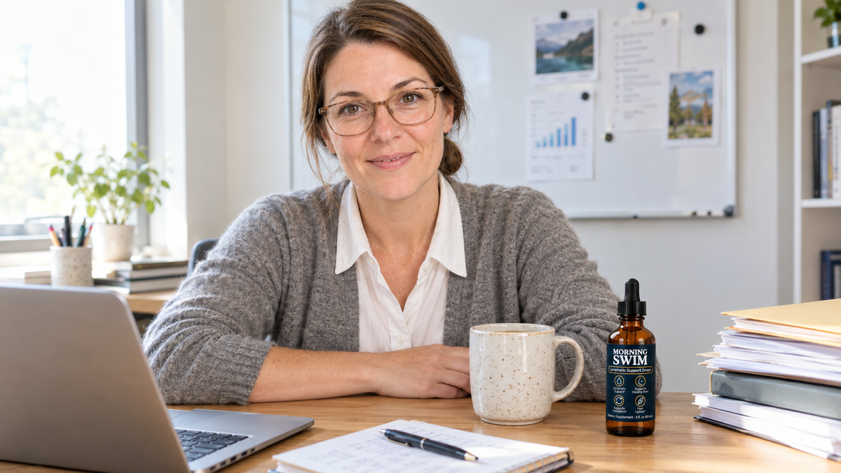 Rae smiling at her desk, a bottle of Morning Swim beside her mug.
