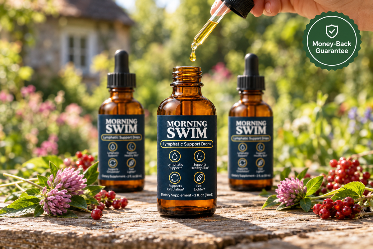 Morning Swim bottles on a garden table with a money-back guarantee seal.