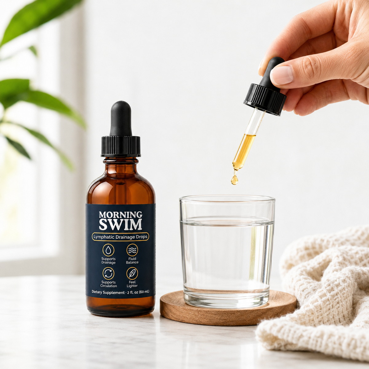 A dropper of straw-gold Morning Swim extract releasing a drop into a glass of water.
