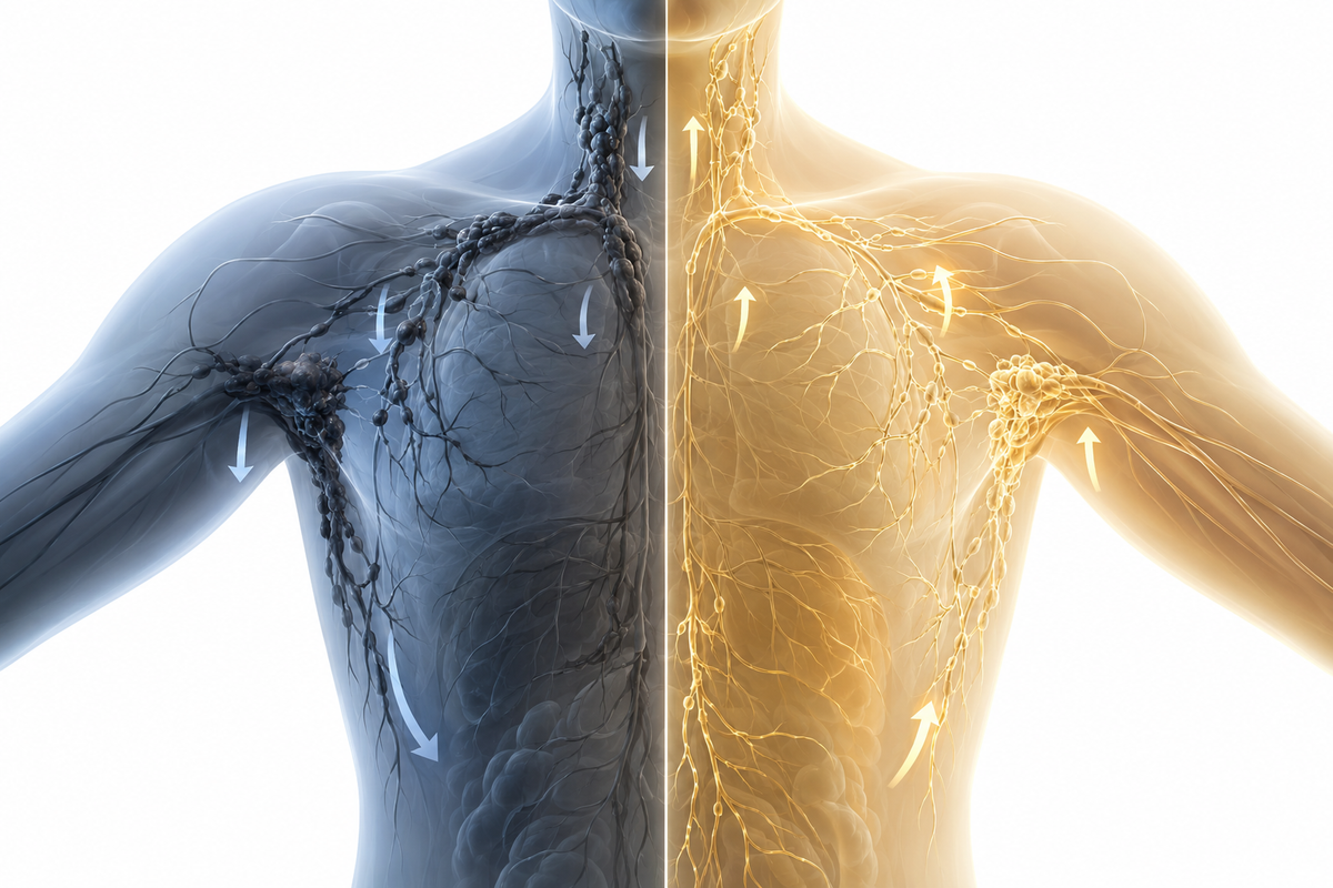 Two halves of the same torso: congested and pooling on the left, clear and flowing on the right.