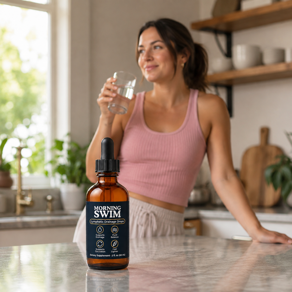 A customer at her kitchen counter with a glass of water, the bottle in front of her.