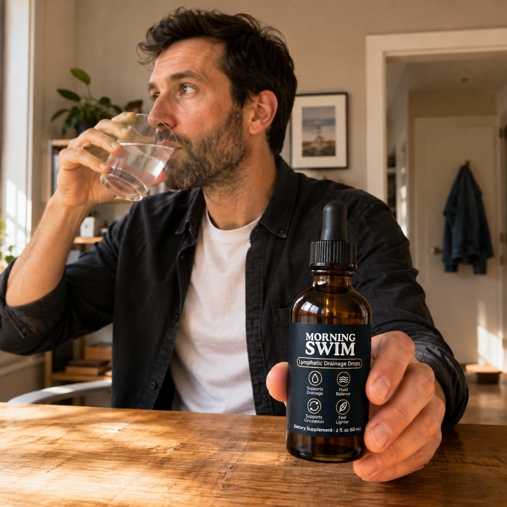 A customer drinking a glass of water at home, holding the bottle.